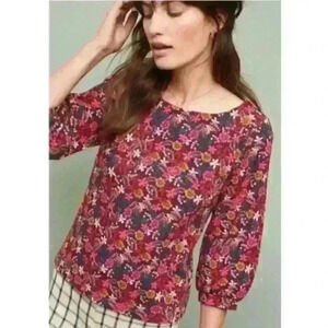 Maeve Anthropologie Decatur Floral 3/4 Puff Sleeve Blouse. Size XL